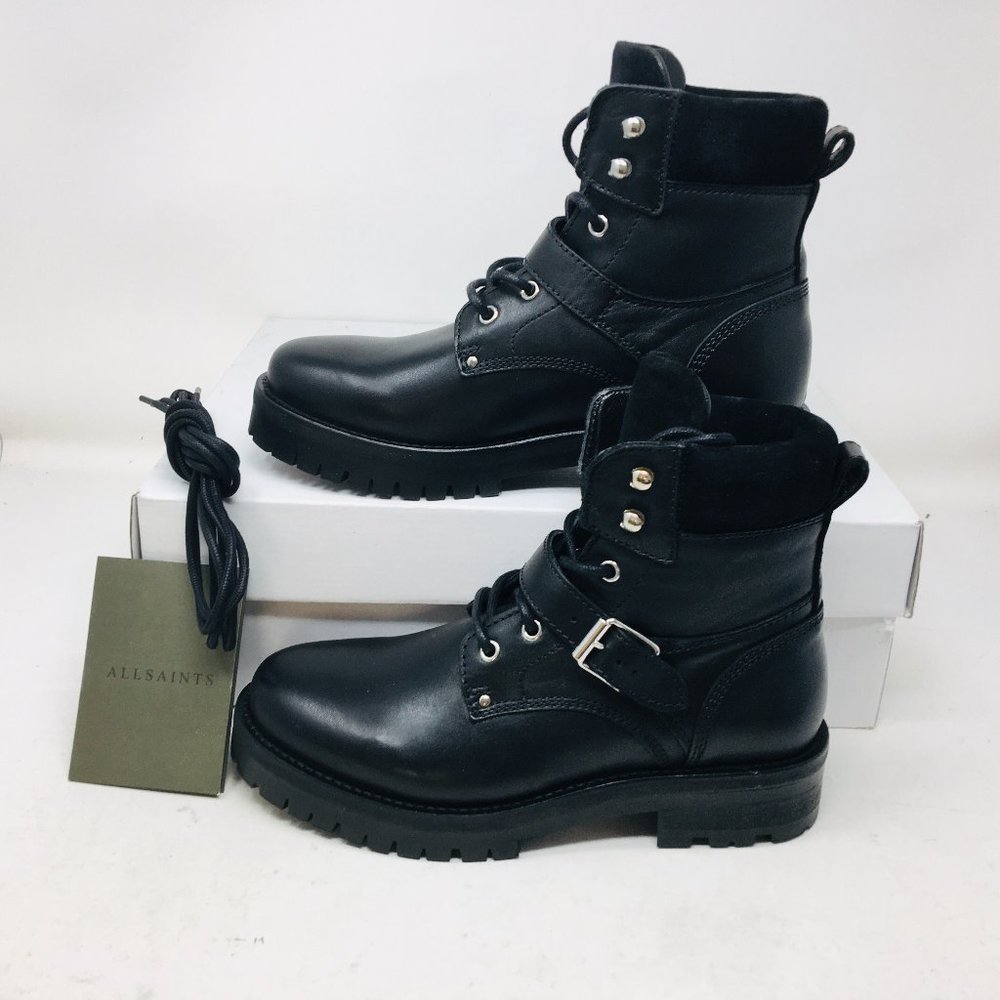 ALLSAINTS Paulina Genuine Black Leather Buckle Ankle Boots Size 7 M - Medium